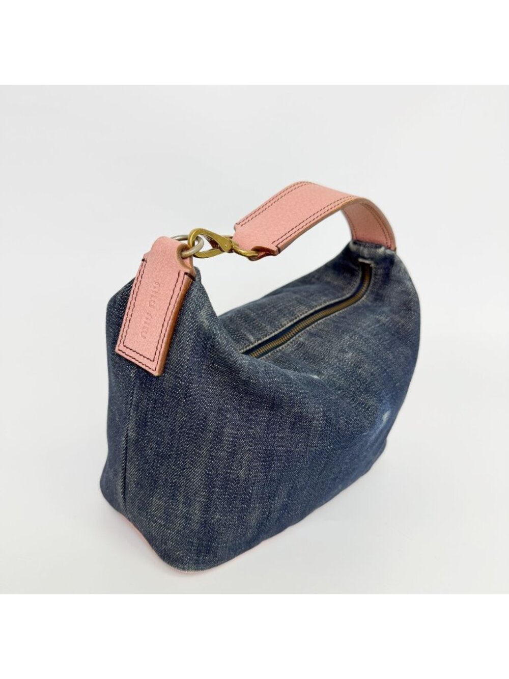 Miu Miu Denim Leather Handle Rim Mini Hobo Handbag Blue Pink Vintage